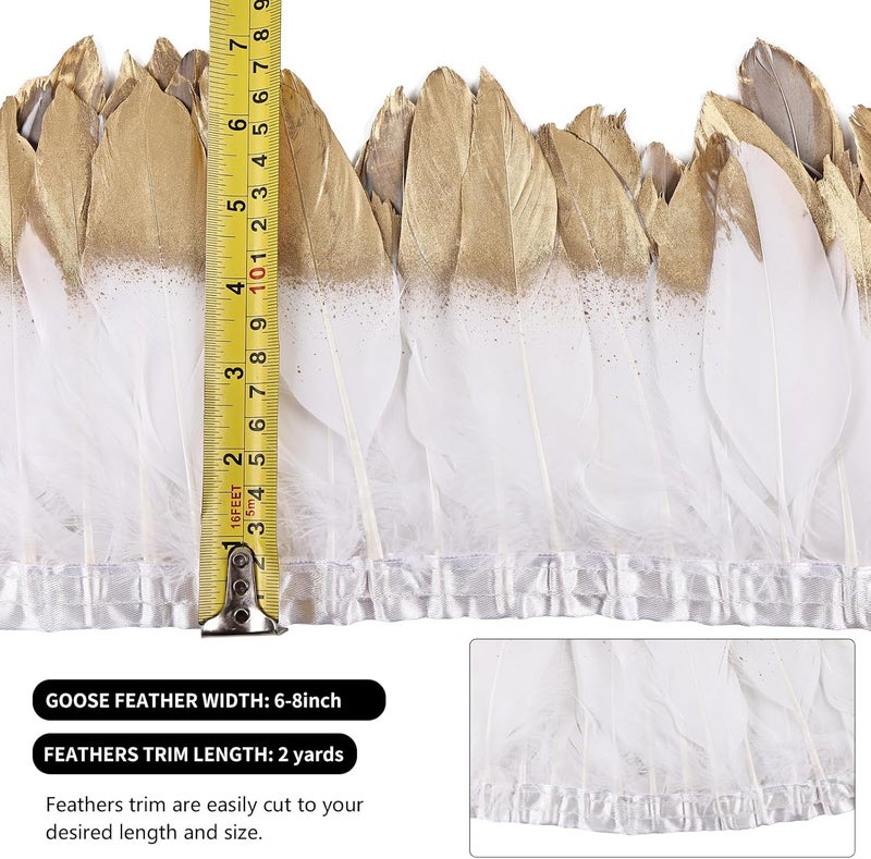 MAOFENG 2 Yards Natural Goose Feathers Trim Sewing Fringe Fashion Dress Sewing 6-8inch for DIY Handicrafts Costumes Decoration,White Golden - Image 2